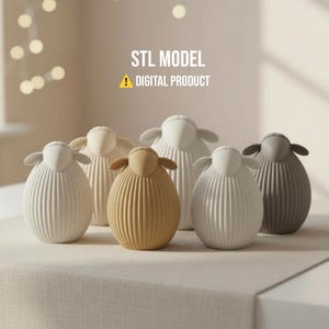 May include: A collection of six decorative sheep figurines in various neutral colors, including white, beige, and gray. The sheep have a ribbed body design and are arranged on a neutral-colored surface. Text on the image reads "STL MODEL" and "DIGITAL PRODUCT".