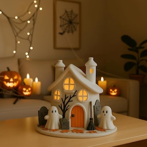 Haunted House with Ghosts STL, 3D Printable Halloween Tealight Holder, Spooky Candle House Model, Digital Download File