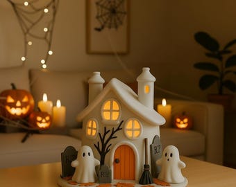 Haunted House with Ghosts STL, 3D Printable Halloween Tealight Holder, Spooky Candle House Model, Digital Download File