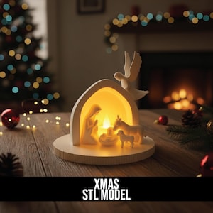 May include: A white Christmas nativity scene with a warm, glowing light inside. The scene features figures of Mary, Joseph, baby Jesus, a donkey, and a lamb. A white dove is perched above the scene. The base is round with a textured edge. The text "XMAS STL MODEL" is at the bottom.