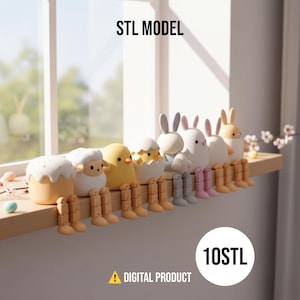 Puede incluir: Una colección de figuras con temática de Pascua, incluyendo un cordero, un pollito y conejos, sentados en una estantería de madera. Las figuras son de colores pastel y tienen piernas articuladas. La imagen incluye el texto "STL MODEL" y "DIGITAL PRODUCT".