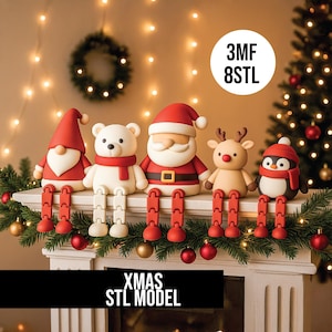 May include: A festive display of Christmas figurines, including a gnome, bear, Santa Claus, reindeer, and penguin, all with dangling red legs. The figurines are arranged on a mantelpiece decorated with greenery and ornaments. The image includes the text "XMAS STL MODEL" and "3MF 8STL".