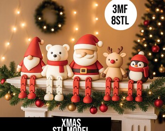 Flexi sittande figurer i STL-format, 3D-utskrivbara julleksaker med rörliga ben, roliga hyll- och skrivbordsdekorationer, festliga digitala modeller