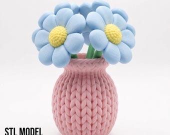 Knitted Vase with Flowers for 3D Printing, STL Digital File, Mother's Day Gift Idea, Cute Floral Ornament, DIY Desktop Decor, Aesthetic Art