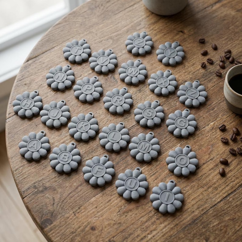 May include: A collection of gray, daisy-shaped silicone coasters, each with a different letter of the alphabet in the center. The coasters are arranged on a wooden table, with coffee beans and a mug in the background.