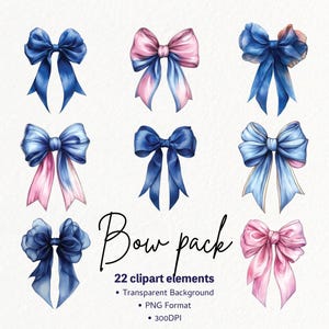 Bow Clipart Bundle, Coquette Bows PNG, Pink & Blue Ribbon Clipart, Baby Shower Decor, Birthday Party Bows, Cute Bow Illustrations, Digital