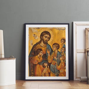 Póster de Jesús con niños, arte de bendición cristiana, imprimible espiritual para sala de oración, escuela dominical, ahijado o regalo de bautismo.