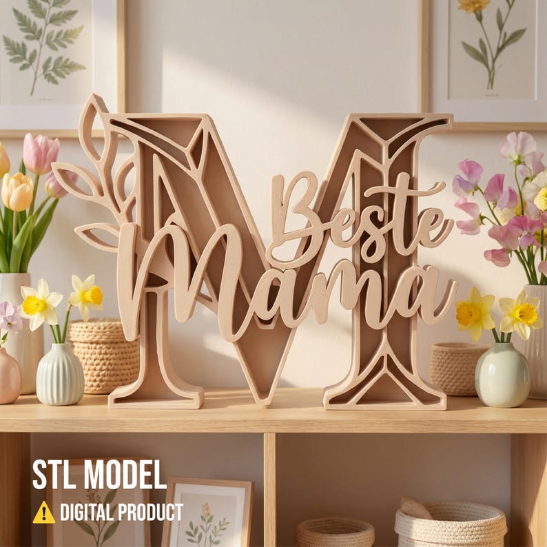 Op de afbeelding: Een lichtbruine houten letter 'M' met de woorden 'Beste Mama' in sierlijke letters. De letter staat op een houten plank. De afbeelding bevat ook de tekst 'STL MODEL' en 'DIGITAL PRODUCT'.