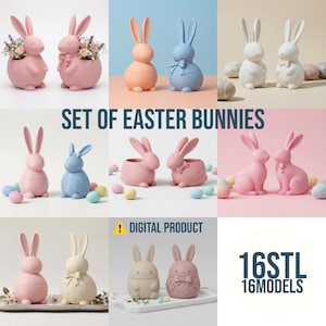 Könnte beinhalten: Eine Sammlung von Osterhasen-Figuren in verschiedenen Pastellfarben, darunter Rosa, Blau und Pfirsich. Einige Hasen sind Pflanzgefäße, andere dekorativ. Der Text "SET OF EASTER BUNNIES" und "DIGITAL PRODUCT" ist enthalten.