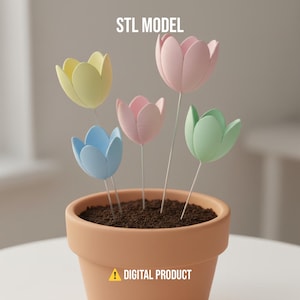 Puede incluir: Una maceta de terracota llena de tierra, con cinco flores de tulipán de colores pastel. Los tulipanes son en tonos de amarillo, azul, rosa y verde. El texto "STL MODEL" y "DIGITAL PRODUCT" se muestra en la imagen.