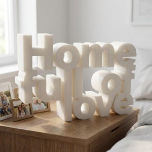 K&ouml;nnte beinhalten: Eine wei&szlig;e, dreidimensionale Skulptur mit dem Schriftzug "Home of Love" in einer gestapelten Anordnung. Die Skulptur steht auf einem Nachttisch aus Holz, mit gerahmten Familienfotos.