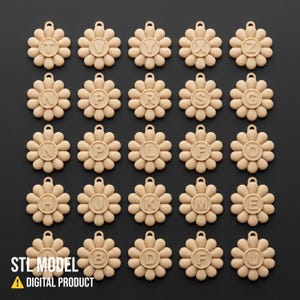 May include: A collection of beige flower-shaped pendants, each with a different letter of the alphabet in the center. The pendants have a small loop at the top for hanging. The words "STL MODEL" and "DIGITAL PRODUCT" are printed at the bottom.