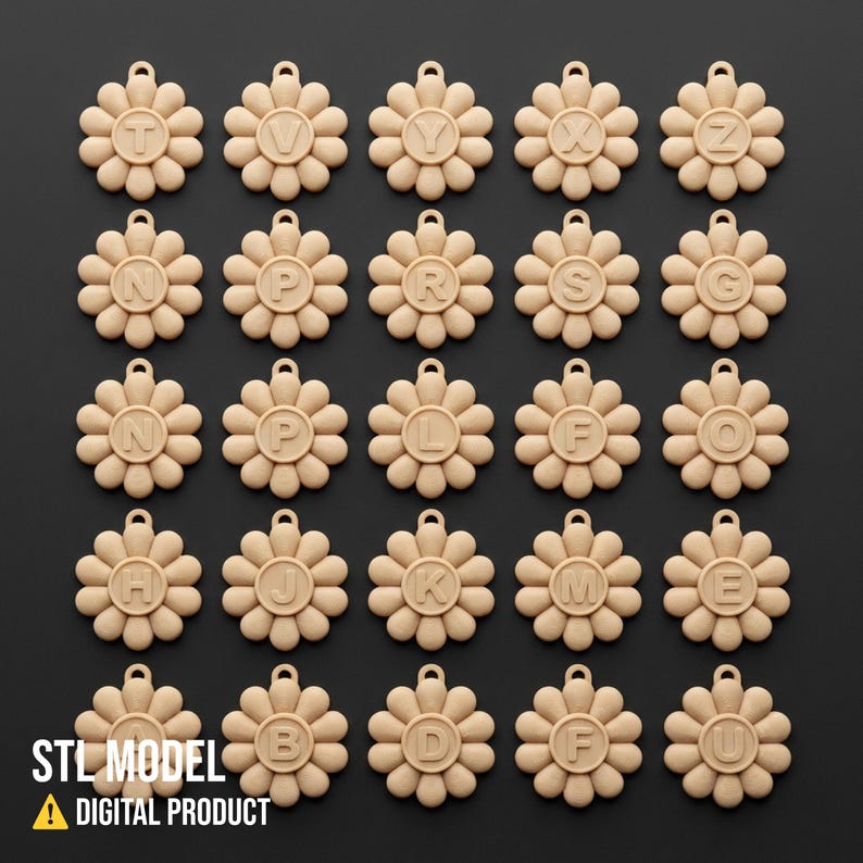 May include: A collection of beige flower-shaped pendants, each with a different letter of the alphabet in the center. The pendants have a small loop at the top for hanging. The words "STL MODEL" and "DIGITAL PRODUCT" are printed at the bottom.