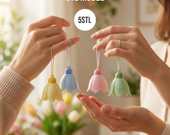 吊り下げ式フラワーガーランドSTL、3Dプリント可能なチューリップベルオーナメント、春の保育園装飾3Dモデル、イースターの花の窓装飾、デジタルSTLファイル