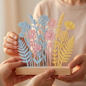 Op de afbeelding: Een kleurrijke bloemensculptuur met blauwe, roze en gele bloemen en bladeren. De bloemen zijn gemonteerd op een houten voet. De sculptuur wordt door twee handen vastgehouden.