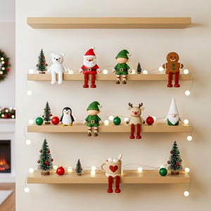 May include: A display of Christmas-themed figurines on wooden shelves. The collection includes a polar bear, Santa Claus, elves, a gingerbread man, a penguin, a reindeer, a gnome, and a mug with a heart. Each shelf is adorned with miniature Christmas trees, red ornaments, and string lights.