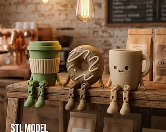 Flexi Coffee Donut STL, 3D Print Articulated Cup Set, Cafe Bakery Decor Model, Cute Sitting Shelf Sitter Buddy, Kitchen Gift, Digital File