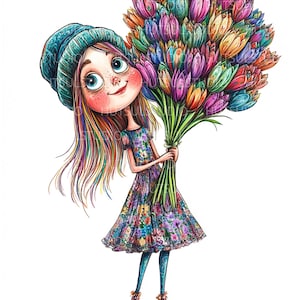 10 cliparts de fille originale PNG avec des fleurs, des ballons et des cadeaux, une jolie aquarelle pour des décorations de fête, du scrapbooking et des travaux manuels d'anniversaire