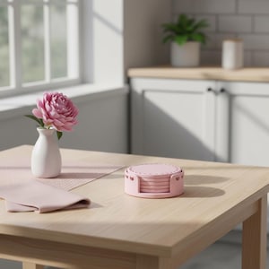 May include: A light wood table displays a pink peony in a white vase, a pink napkin, and a set of pink coasters in a holder. The coasters are round and have a decorative edge. The scene is set in a kitchen with a window.