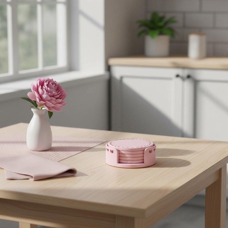 May include: A light wood table displays a pink peony in a white vase, a pink napkin, and a set of pink coasters in a holder. The coasters are round and have a decorative edge. The scene is set in a kitchen with a window.