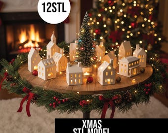 Christmas Village Candle Holders STL Set of 12, 3D Printed Tealight Houses, Build Your Own Winter Town, LED Candle Holders Digital Files