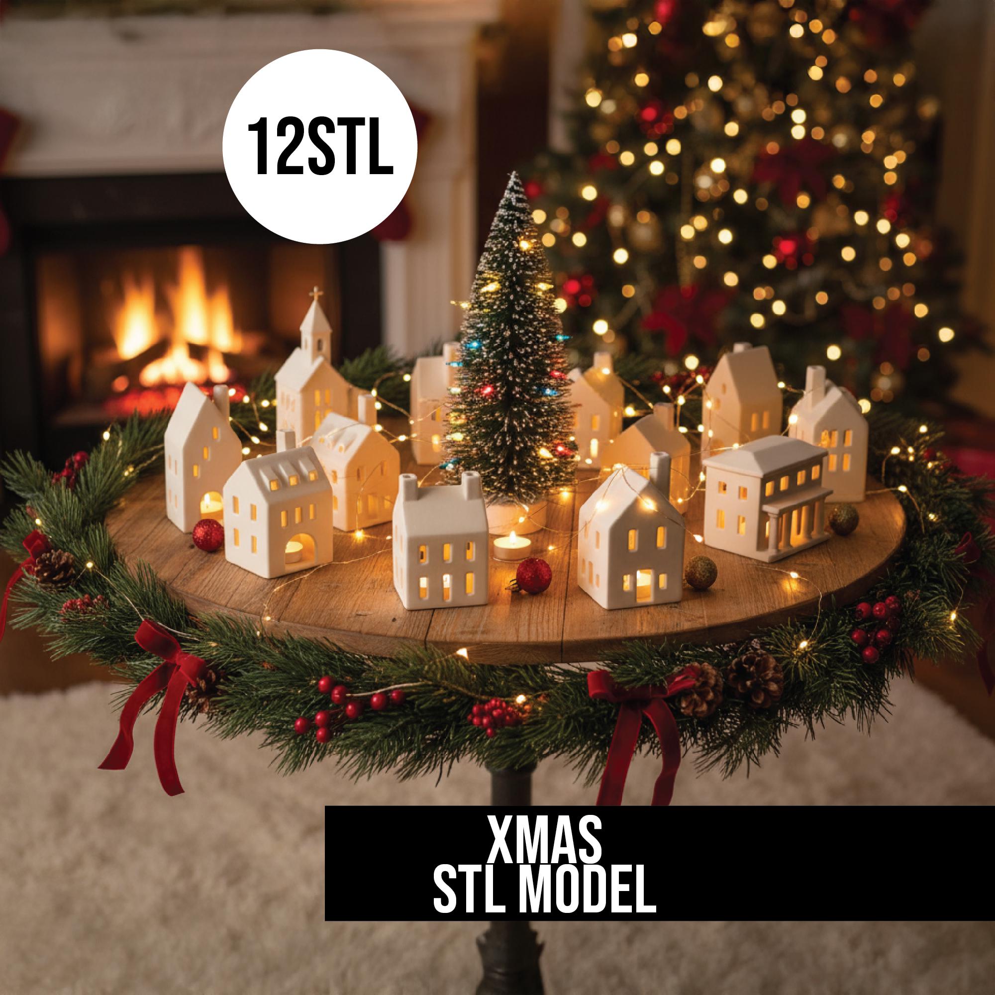 Christmas Village Candle Holders STL Set of 12, 3D Printed