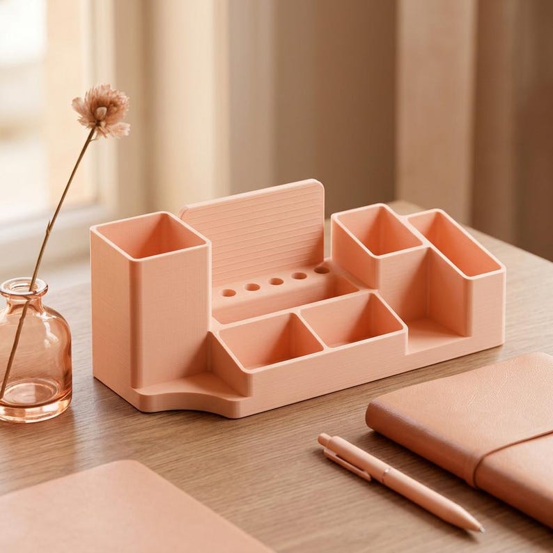 May include: A peach-colored desk organizer with multiple compartments for pens, pencils, and other office supplies. The organizer has a rectangular shape with various sized slots and a small, textured back panel. A pen, notebook, and small vase with a flower are also visible.