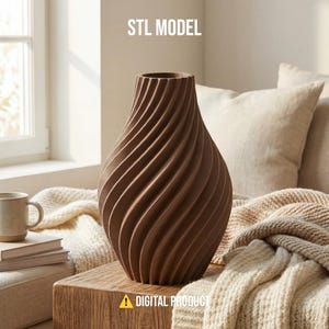 Puede incluir: Un jarrón marrón con ranuras en espiral, base ancha y abertura estrecha. El jarrón está hecho de un material sólido y tiene una superficie texturizada. Las palabras "STL MODEL" y "DIGITAL PRODUCT" son visibles.