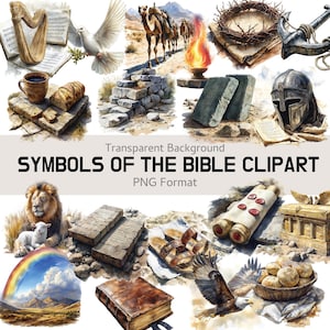 Raccolta di clipart di simboli biblici, oltre 160 file PNG cristiani per lavoretti religiosi, stampe per la chiesa, lezioni bibliche e decorazioni religiose.