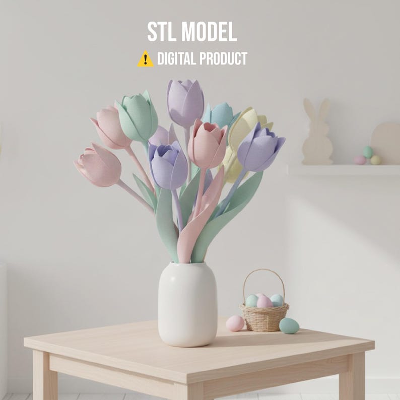 May include: A bouquet of pastel-colored tulips in a white vase sits on a light wood table. A small wicker basket with painted eggs and the text "STL MODEL ! DIGITAL PRODUCT" are also on the table. The tulips are pink, purple, blue, and yellow.