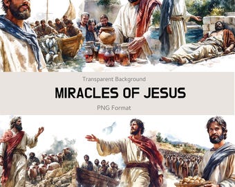 Miracles of Jesus Clipart, 50+ PNG Biblical Scenes, Digital Christian Illustrations, Faith-Based Religious Art for Sunday School&Bible Study