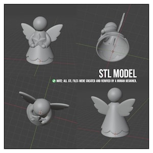 May include: A 3D rendering of an angel figurine in four different views. The angel is holding a star and has wings. The image includes the text "STL MODEL" and a note stating the files were created and verified by a human designer.