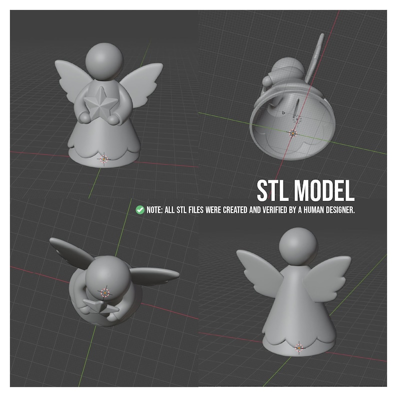 May include: A 3D rendering of an angel figurine in four different views. The angel is holding a star and has wings. The image includes the text "STL MODEL" and a note stating the files were created and verified by a human designer.