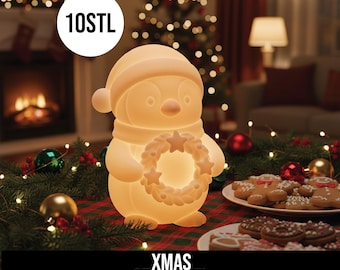 クリスマスペンギンティーライトホルダー、お祝いの3DモデルSTL、かわいい冬のキャンドルデコレーション、ホリデーテーブル＆棚のアクセント、デジタルダウンロード