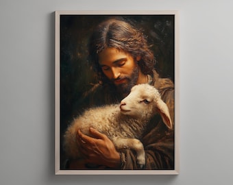 Der gute Hirte, Jesus mit Lamm Kunst, christlicher Wanddekor, Bibel Kunstdruck, Jesus Christus Gemälde, religiöses Wohnkunstwerk