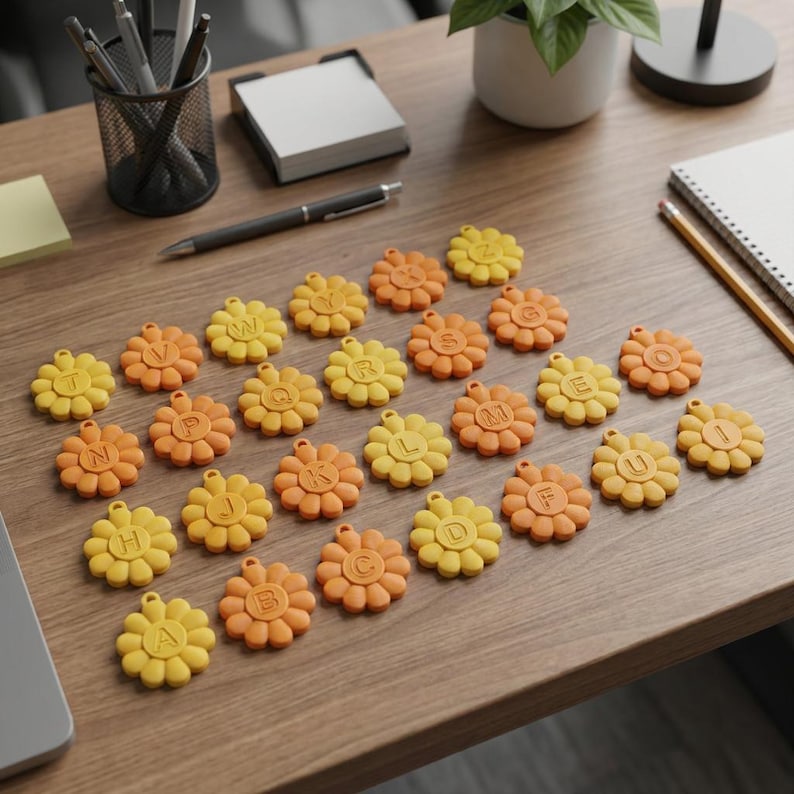 May include: A collection of yellow and orange daisy-shaped charms, each with a letter of the alphabet. The charms are arranged on a wooden surface, alongside office supplies. The charms are likely used for crafting or personalization.