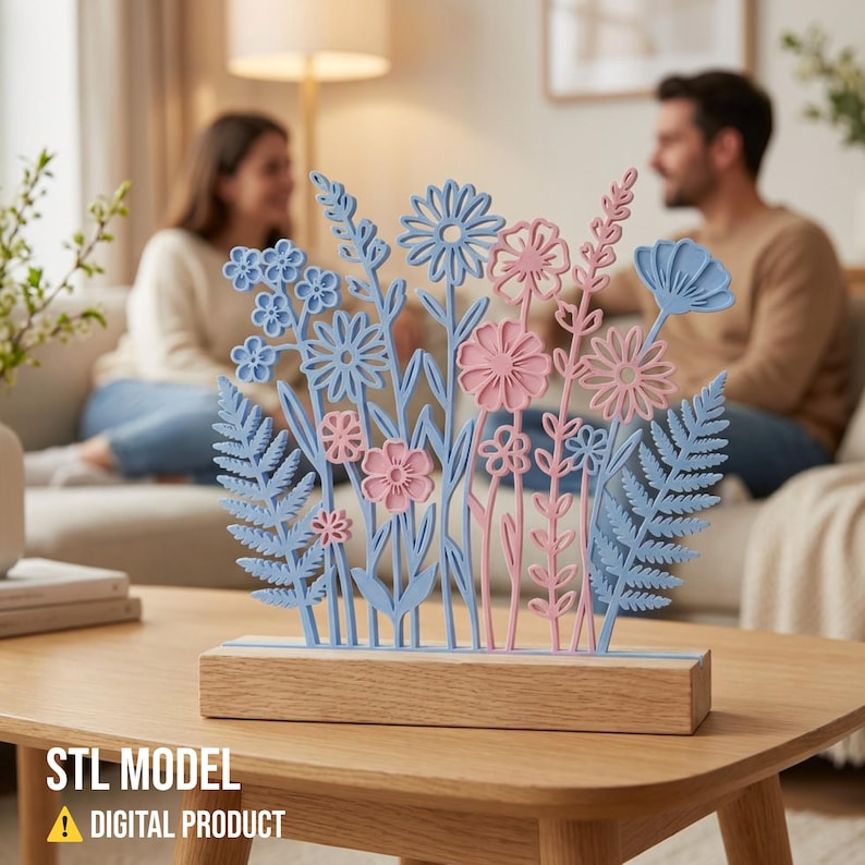 Op de afbeelding: Een decoratieve bloemensculptuur in pastelblauw en roze, gemonteerd op een houten voet. Het ontwerp bevat verschillende bloem- en bladvormen. De tekst "STL MODEL" en "DIGITAL PRODUCT" staat onderaan. De sculptuur staat op een houten tafel.