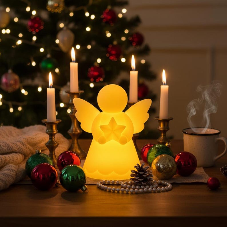 May include: A glowing angel-shaped Christmas decoration with a star in its center, surrounded by lit candles in brass holders, ornaments, and a cup of coffee. The angel is illuminated, creating a warm, festive ambiance. A Christmas tree is in the background.
