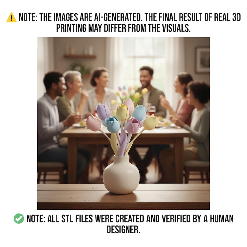 May include: A white ceramic vase holds a bouquet of pastel-colored tulip flowers. The tulips are in shades of pink, blue, yellow, and purple. The image includes the text: "NOTE: THE IMAGES ARE AI-GENERATED. THE FINAL RESULT OF REAL 3D PRINTING MAY DIFFER FROM THE VISUALS." and "NOTE: ALL STL FILES WERE CREATED AND VERIFIED BY A HUMAN DESIGNER."
