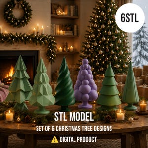 Puede incluir: Un conjunto de seis modelos decorativos de árboles de Navidad en varias formas y colores, incluyendo diseños geométricos, en espiral y de burbujas en tonos verdes y morados. El texto 6STL, STL MODEL, SET OF 6 CHRISTMAS TREE DESIGNS es visible.