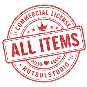 Könnte beinhalten: Ein roter, kreisförmiger Stempel mit abgenutzter Textur. Der Text lautet COMMERCIAL LICENSE in einem Bogen oben, ALL ITEMS in einem zentralen rechteckigen Kasten und HUTSULSTUDIO unten. Eine Krone, Sterne und ein Herz sind abgebildet.