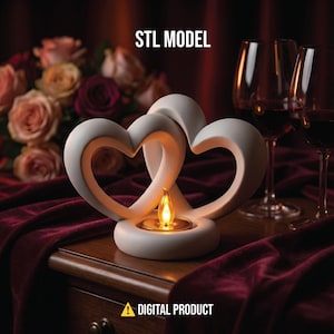 May include: A white, heart-shaped candle holder with a flickering LED candle. The design features two intertwined hearts. The words "STL MODEL" and "DIGITAL PRODUCT" are displayed. The candle holder sits on a wooden surface with a burgundy cloth and a bouquet of roses in the background.