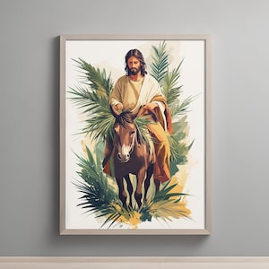 Jesus Riding a Donkey Palm Sunday Poster, Christian Digital Wall Art, Religious Printable, Bible Story Decor