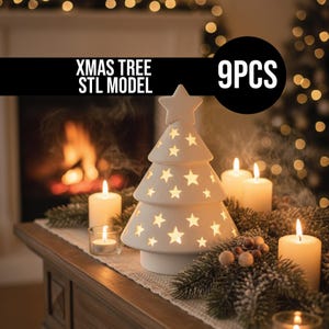 Può includere: Un albero di Natale in ceramica bianca con ritagli a forma di stella, sormontato da una stella. L'albero è circondato da candele accese e verde. Il testo "XMAS TREE STL MODEL" e "9PCS" sono visibili.