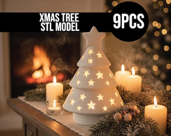Christmas Tree STL Set, 9 3D Printable LED Tealight Holders, DIY Holiday Table & Shelf Decor, Digital 3D Print Files
