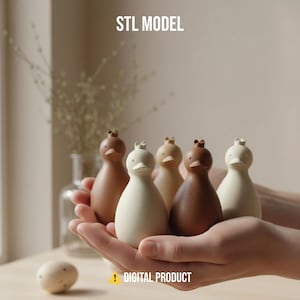 May include: A collection of six wooden duck figurines in varying shades of brown and white. The figurines are held in a person's hands. The text "STL MODEL" is at the top, and "DIGITAL PRODUCT" is at the bottom.
