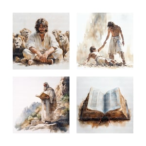 Bibelgeschichte-Clipart-Bundle, 50 PNG christliche Charaktere, religiöse Illustrationen, Schriftkunst, glaubensbasierte Grafiken, Sonntagsschuldekor