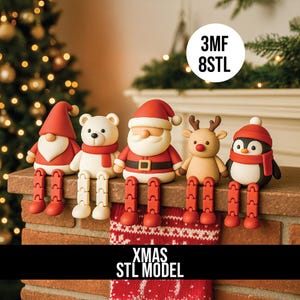 May include: A festive Christmas decoration featuring five figurines: a gnome, a polar bear, Santa Claus, a reindeer, and a penguin. Each figure has articulated legs and is dressed in holiday attire. The text "XMAS STL MODEL" is visible.