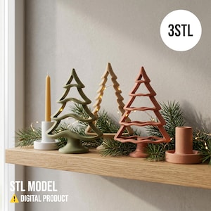 May include: Three stylised tree-shaped ornaments in olive green, beige, and terracotta, accompanied by two cylindrical candle holders. The text 3STL is visible in a white circle, and the text STL MODEL DIGITAL PRODUCT is at the bottom left.
