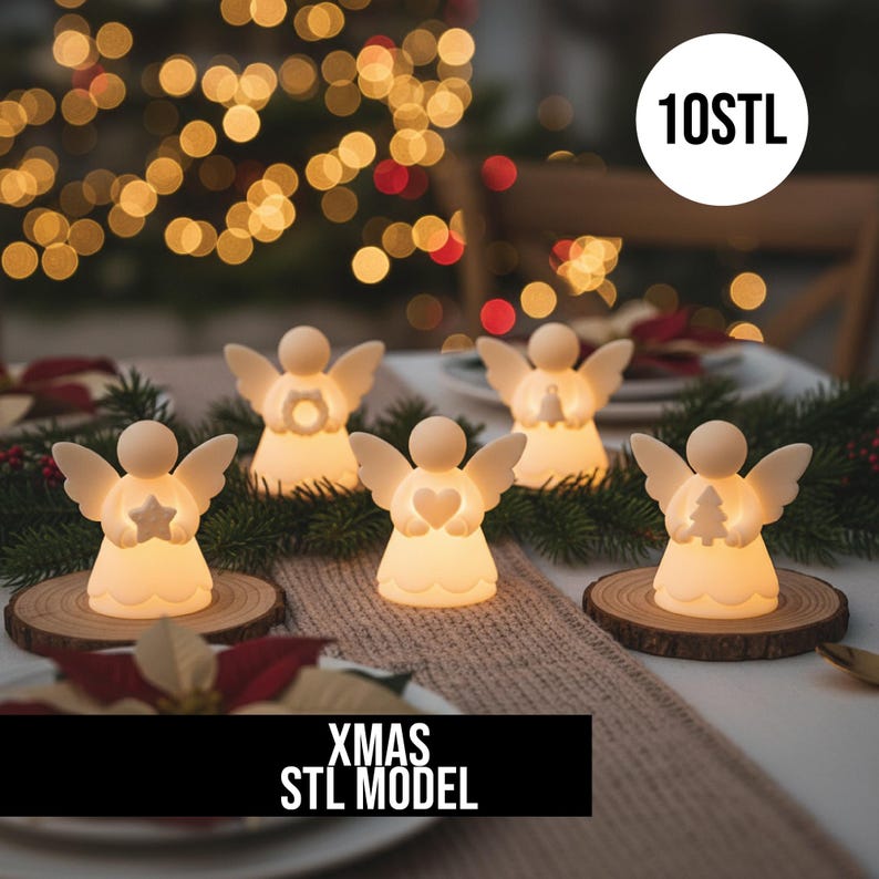 May include: Five glowing angel figurines with outstretched wings, each holding a different symbol: a star, a heart, a tree, a circle, and a circle. The figurines are on wooden coasters, with the text "XMAS STL MODEL" at the bottom and "10STL" in a circle.